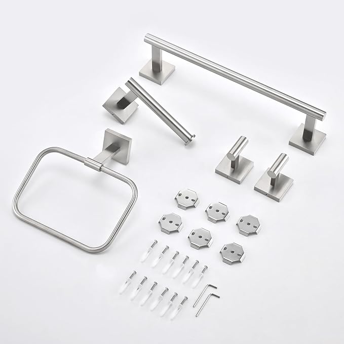 16 in 5-Piece Bathroom Hardware Set, Brushed Nickel | SUS304 stainless steel, towel bar, towel ring, toilet paper holder, 2 robe hooks, hidden screw mount