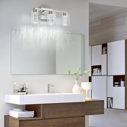 SineRise 3-Light Brushed Nickel Vanity Light with 3 Color Modes (3000K/4000K/6000K), Eye Protection LED Bathroom Light Fixture, Dimmable Modern Wall Light Over Mirror with Clear Glass Shade