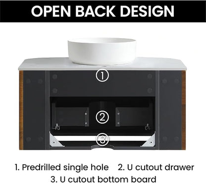 30" Preassembled Floating Bathroom Vanity with Round Sink, Walnut | Mid-Century Modern Style, Fluted & Soft-Close Drawer with U-shaped Wall, Sinterted Stone Countertop, Towel Rack Included