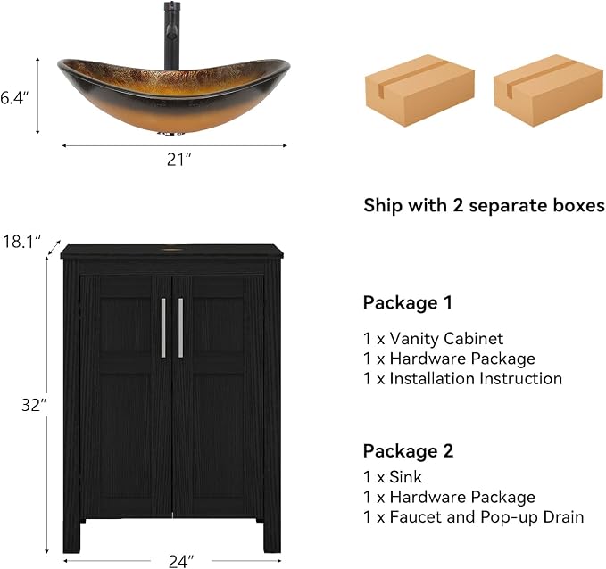 YOURLITE 24" Bathroom Vanity with Sink, Black Bathroom Vanity Cabinet with Faucet & Pop Up Drain Set,Traditional Vanity with Black Glass Bowl Bathroom Sink