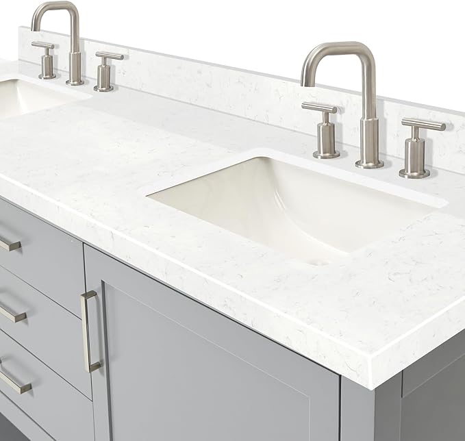 ARIEL Bayhill 72-inch Bathroom Vanity with Sink,Solid Wood, 1.5-inch Carrara White Quartz Countertop & Backsplash, Double Rectangular Porcelain Sink, 2 Soft Closing Doors, 3 Dovetail Drawers, Grey