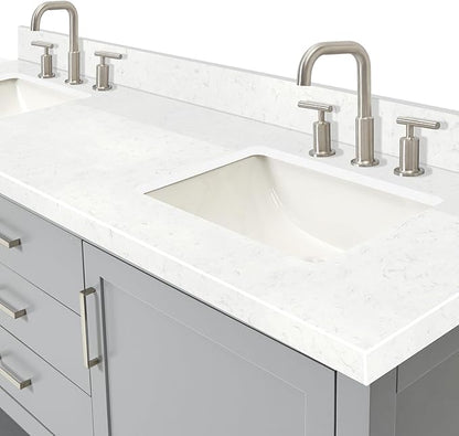 ARIEL Bayhill 72-inch Bathroom Vanity with Sink,Solid Wood, 1.5-inch Carrara White Quartz Countertop & Backsplash, Double Rectangular Porcelain Sink, 2 Soft Closing Doors, 3 Dovetail Drawers, Grey
