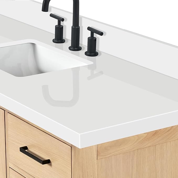 ARIEL 61 inch Bathroom Vanity top with Sink, 1.5 Inch Thick Miter Edge White Quartz top, Rectangle Single Porcelain Sink, Includes Backsplash