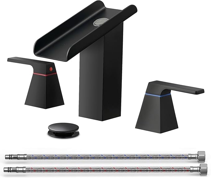 Matte Black Bathroom Faucet 3 Holes Two Handles Lavatory Vanity Sink Faucet Widespread 8 Inch Waterfall with Supply Hoses Stainless Steel