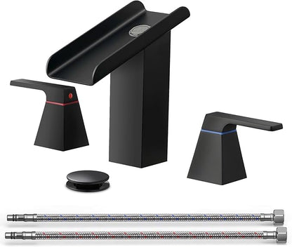 Matte Black Bathroom Faucet 3 Holes Two Handles Lavatory Vanity Sink Faucet Widespread 8 Inch Waterfall with Supply Hoses Stainless Steel