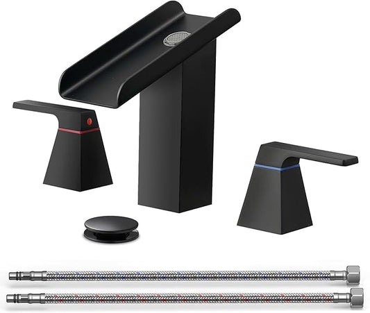 Matte Black Bathroom Faucet 3 Holes Two Handles Lavatory Vanity Sink Faucet Widespread 8 Inch Waterfall with Supply Hoses Stainless Steel