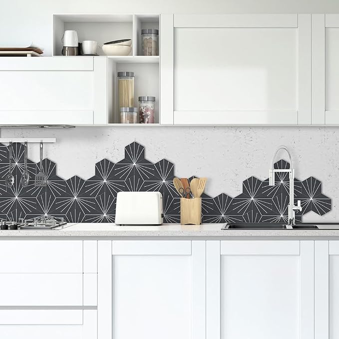 AULIGET Flower Vintage Hexagon Tile Peel and Stick Backsplash, 6"x7" Self Adhesive Wall Tiles in Grey (Pack of 45)