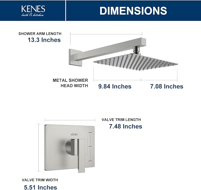KENES Brushed Nickel Shower Head and Handle Set, Square Shower Faucet Set | Shower Faucet with 10-Inch Rain Shower Head, Square Shower System, Valve Included, Lead-Free cUPC & NSF Certified, Stainless