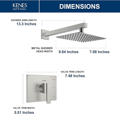 KENES Brushed Nickel Shower Head and Handle Set, Square Shower Faucet Set | Shower Faucet with 10-Inch Rain Shower Head, Square Shower System, Valve Included, Lead-Free cUPC & NSF Certified, Stainless