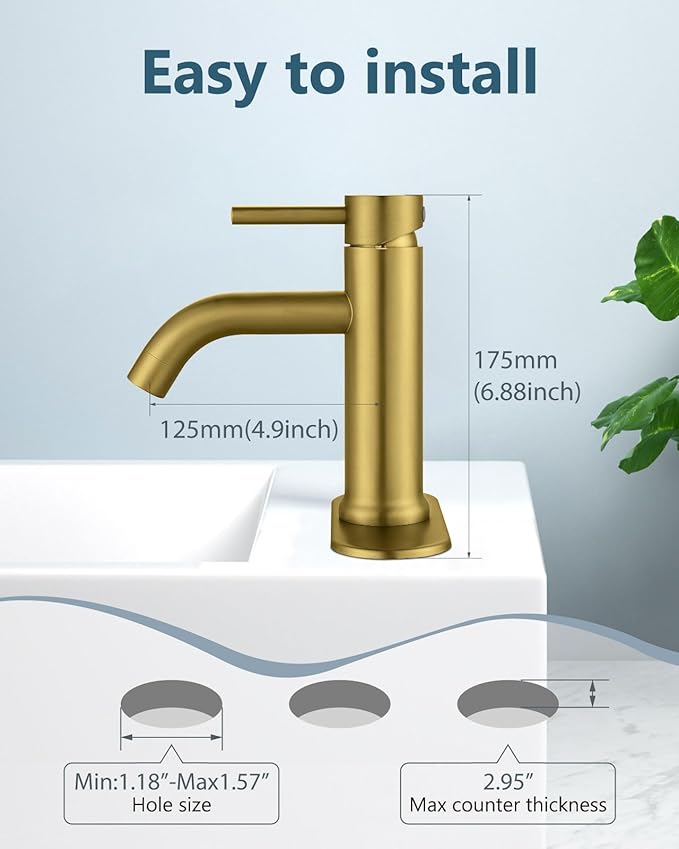 Aolemi Bathroom Faucet Single Hole,Single Handle Bathroom Sink Faucet with Supply Lines,with Pop Up Drain Assembly and Deck Plate,Gold