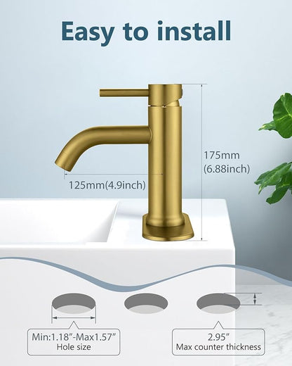 Aolemi Bathroom Faucet Single Hole,Single Handle Bathroom Sink Faucet with Supply Lines,with Pop Up Drain Assembly and Deck Plate,Gold