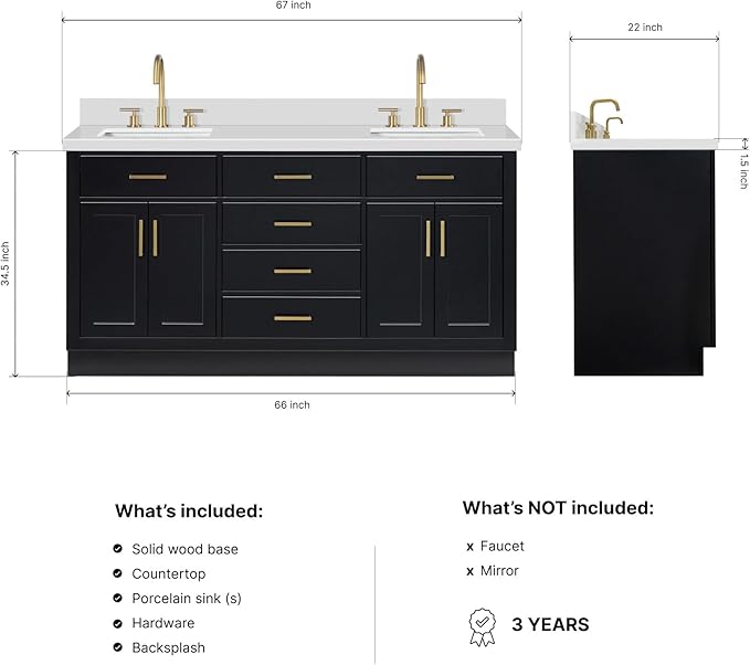 ARIEL Hepburn 66-inch Bathroom Vanity with Sink,Solid Wood, 1.5-inch Pure White Quartz Countertop & Backsplash, Double Rectangular Porcelain Sink, 4 Soft Closing Doors, 6 Dovetail Drawers, Black