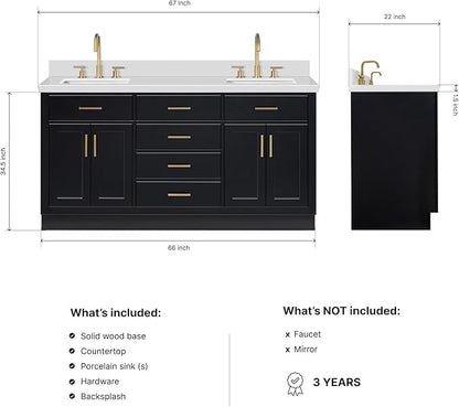 ARIEL Hepburn 66-inch Bathroom Vanity with Sink,Solid Wood, 1.5-inch Pure White Quartz Countertop & Backsplash, Double Rectangular Porcelain Sink, 4 Soft Closing Doors, 6 Dovetail Drawers, Black