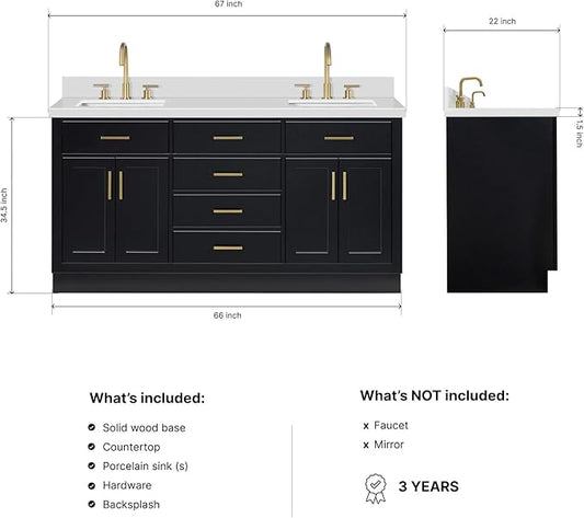 ARIEL Hepburn 66-inch Bathroom Vanity with Sink,Solid Wood, 1.5-inch Pure White Quartz Countertop & Backsplash, Double Rectangular Porcelain Sink, 4 Soft Closing Doors, 6 Dovetail Drawers, Black