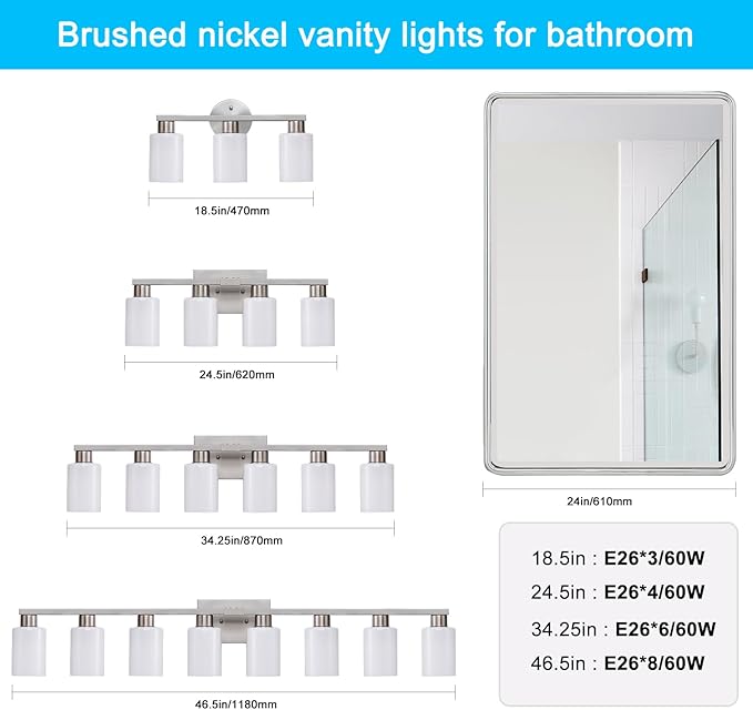 Brushed Nickel 3-Light Bathroom Vanity Light Modern Bathroom Light Fixtures Nickel Vanity Lights with Eye-Friendly Milky White Frosted Glass Shades E26 Socket (Bulbs Not Included)