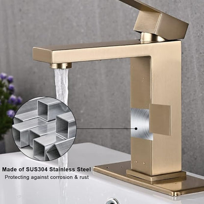 Brushed Gold Bathroom Faucet, Golden Single Hole Vanity Bath Faucet, Single Handle Modern Stainless Steel Bathroom Faucets for Sink 1 Hole with Pop Up Drain Stopper & Water Supply Hoses
