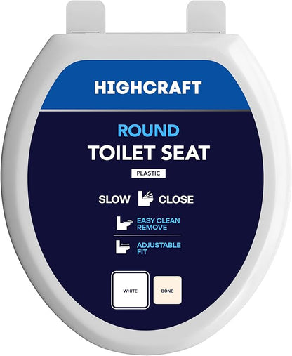Highcraft W4TSPR Round Plastic Toilet Seat Slow Close ? Easy Remove, White