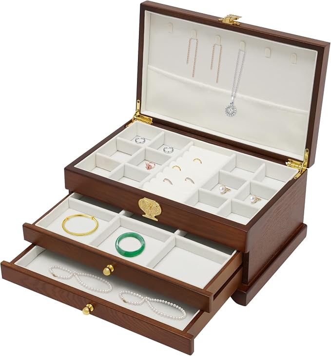 Extra Large 3 Layers Wooden Jewelry Box Jewelry Case Cabinet Armoire Ring Necklacel Gift Storage Box Organizer(3 Layers,Brown)