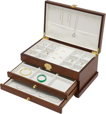 Extra Large 3 Layers Wooden Jewelry Box Jewelry Case Cabinet Armoire Ring Necklacel Gift Storage Box Organizer(3 Layers,Brown)