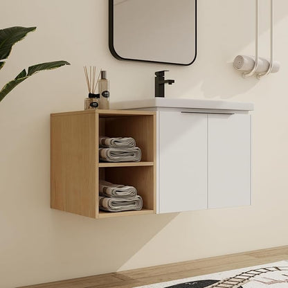 Malwee 36" Floating Bathroom Vanity with White Ceramic Basin Sink Top, 36 Inch Single Sink Wall Mounted Bathroom Vanity, with 2 Doors and Storage Shelve.MA07436