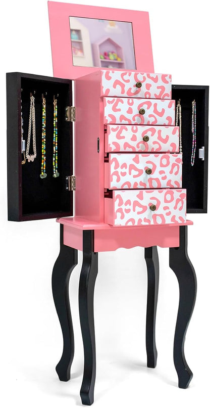 JOYMOR Kids Jewelry Armoire Cabinet with Top Flip Mirror and Storage Organizer, Standing Jewelry Cabinet with 5 Drawers, Freestanding Jewelry Storage for Girls