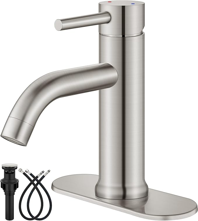 Aolemi Bathroom Faucet Single Hole,Single Handle Bathroom Sink Faucet with Supply Lines,with Pop Up Drain Assembly and Deck Plate,Brushed Nickel