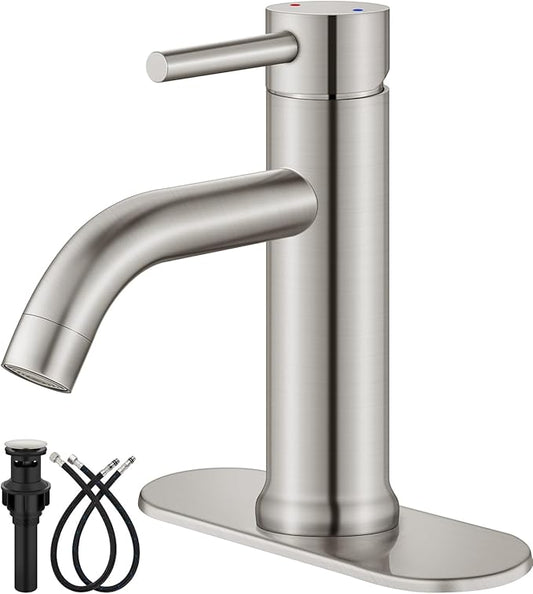 Aolemi Bathroom Faucet Single Hole,Single Handle Bathroom Sink Faucet with Supply Lines,with Pop Up Drain Assembly and Deck Plate,Brushed Nickel