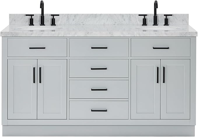 ARIEL Hepburn 66-inch Bathroom Vanity with Sink,Solid Wood, 1.5-inch Italian Carrara Marble Countertop & Backsplash, Double Oval Porcelain Sink, 4 Soft Closing Doors, 6 Dovetail Drawers, Grey