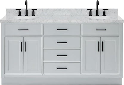 ARIEL Hepburn 66-inch Bathroom Vanity with Sink,Solid Wood, 1.5-inch Italian Carrara Marble Countertop & Backsplash, Double Oval Porcelain Sink, 4 Soft Closing Doors, 6 Dovetail Drawers, Grey