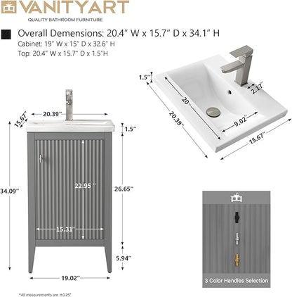 Vanity Art 20 inch Bathroom Vanity with Single Sink & Ceramic Top, Vanity Cabinet with Soft-Closing Door, Solid Wood Frame, Linear Pattern, Cashmere Gray, VA9120-G-MB,Matte Black Handles