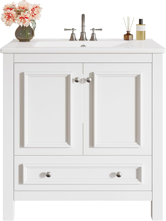 Tribesigns 30" Modern Bathroom Vanity with Sink, Freestanding Bathroom Vanities Cabinet with Ceramic Basin Combo, Bathroom Sink Cabinet with 2 Doors and 1 Drawer, Solid Wooden Frame, Black