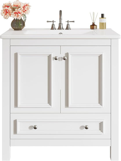 Tribesigns 30" Modern Bathroom Vanity with Sink, Freestanding Bathroom Vanities Cabinet with Ceramic Basin Combo, Bathroom Sink Cabinet with 2 Doors and 1 Drawer, Solid Wooden Frame, Black