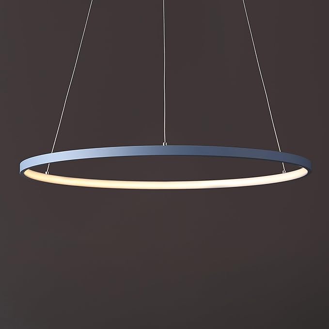 JONATHAN Y 23.75" Blue Modern Integrated LED Pendant Light, Dimmable Round Hoop Chandelier for Kitchen Island, Dining Room, Adjustable Height Metal Hanging Light (JYL7203D)