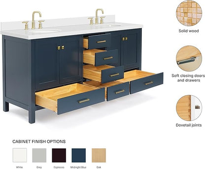 ARIEL Cambridge 72-inch Bathroom Vanity with Sink,Solid Wood, 1.5-inch Pure White Quartz Countertop & Backsplash, Double Oval Porcelain Sink, 4 Soft Closing Doors, 6 Dovetail Drawers, Midnight Blue