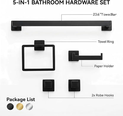 Nevado 5‑Piece Wall Mounted Bathroom Hardware Set | Towel Bar, Toilet Paper Holder, Towel Ring & Robe Hook, Brushed Nickel Bathroom Accessories, 23.6‑Inch Towel Bar