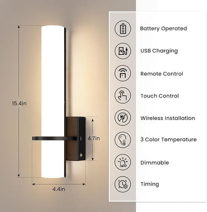 Black Battery Operated Wall Sconces Set of 2, 10000mAh Rechargeable Wireless Wall Sconce with Remote Control, 3000K-6000K Dimmable LED Wall Lights for Living Room Bedroom Hallway 15 Inch
