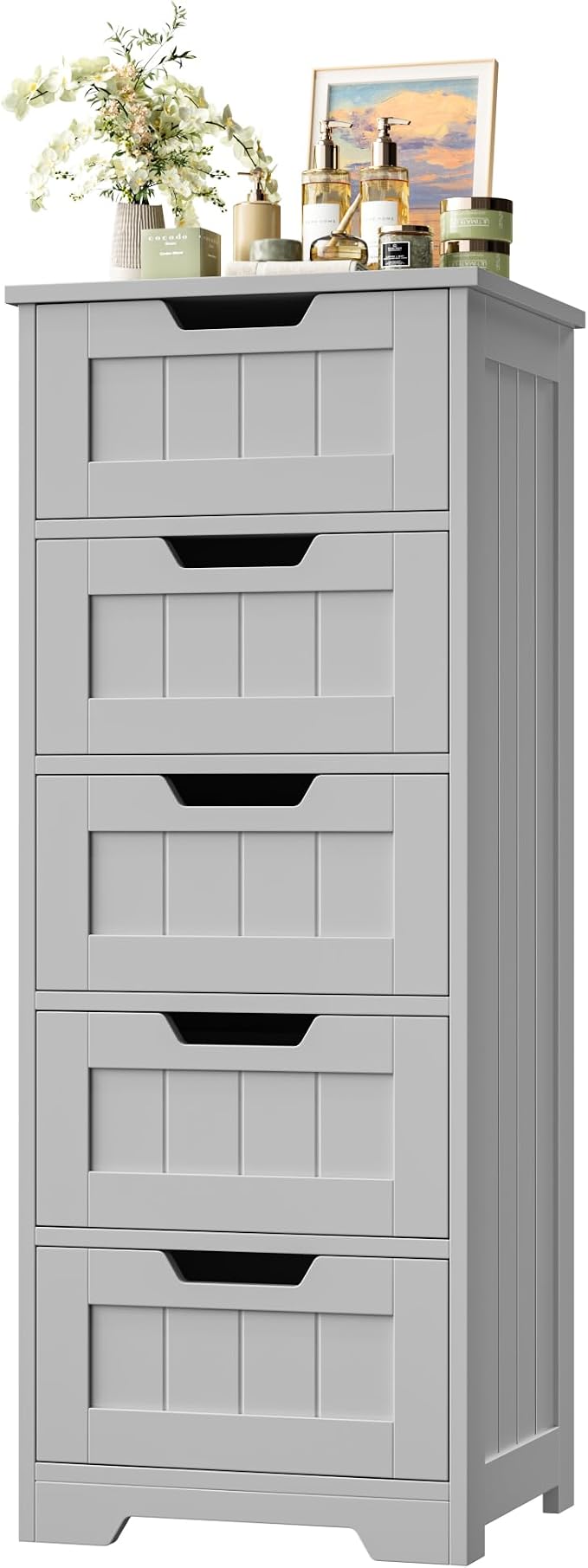 FOTOSOK Bathroom Cabinet, Bathroom Storage Cabinet with 5 Drawers, Grey | Narrow Bathroom Storage with Cut-Out Handles, 11.8” x 15.7” x 40.1”, Slim & Small Floor Cabinet for Laundry/Hallway
