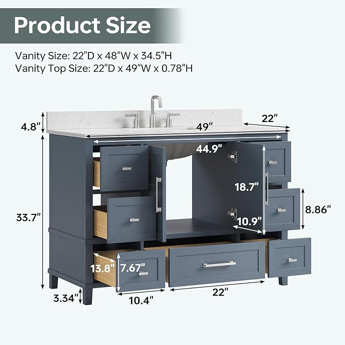48 Inch Bathroom Vanity with Sink, Fully Assembled Bathroom Vanities with Soft Closing Doors & Dovetail Drawers, 48 Inch Vanity with Sink, Solid Wood, Engineered Stone Top, Steel Blue