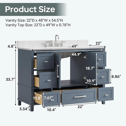 48 Inch Bathroom Vanity with Sink, Fully Assembled Bathroom Vanities with Soft Closing Doors & Dovetail Drawers, 48 Inch Vanity with Sink, Solid Wood, Engineered Stone Top, Steel Blue