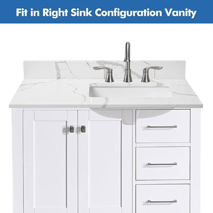36 in.W x 22 in.D Quartz Calacatta River Vanity Top,with Undermount Right Offset Sink Vanity Top,with Two Sidesplash & One Backsplash,8 Inch Faucet Hole Spread Bathroom Vanity Sink Countertop