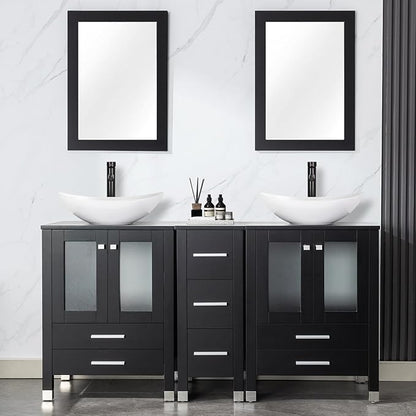 LUCKWIND 60" Double 24" Bathroom Vanity with Sink Combo, Elegant Series with One 12.6-in Side Cabinet, Painted Frame, Including White Boat Sinks, Faucets Without Mirrors, Black