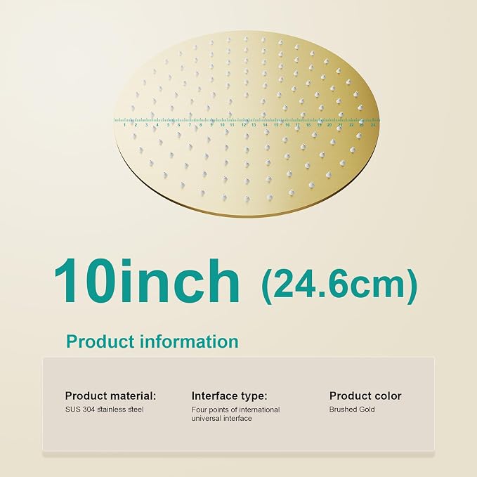 All Metal Rain Shower Head - Heavy Duty Stainless Steel, Easy Install, High Water Flow, Ultra-Thin Modern Design for Bathroom (F-Brushed Gold, 10)