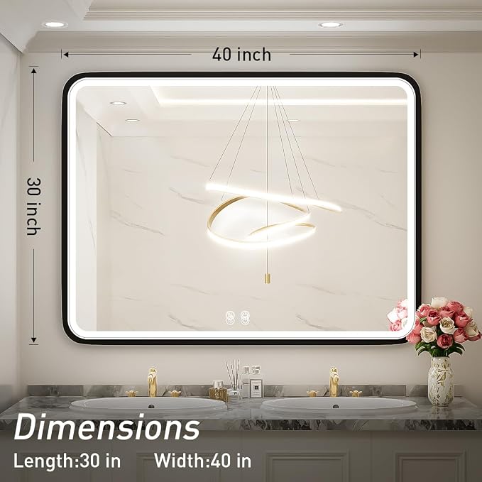 40x30 Inch LED Black Frame Bathroom Mirror,3- Color | ETL Listed,Anti-Fog,3000K/4500K/6000K Dimmable,Horizontal & Vertical,Wall Mounted,Memory Function