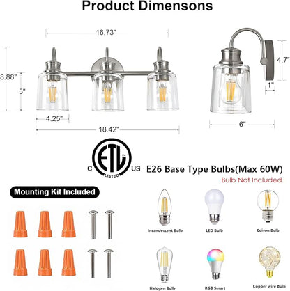3 Lights Bathroom Light Fixtures Brushed Nickel Vanity Lights | ETL Certificate, Easy to Install,Wall Mount Up or Down,Thickened Glass Lampshade,E26 Socket,Hardwired