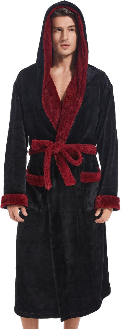 Inner Wish Mens Hooded Robe, Plush Long Bath robes Cozy Warm Bathrobe Fuzzy male Spa Robe With Pockets