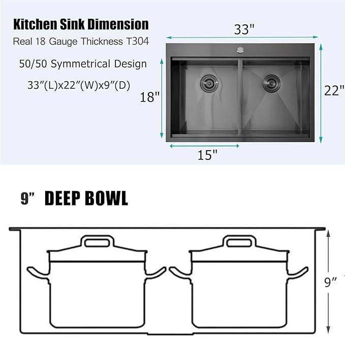 KINGO HOME 33x22 Double Bowl Kitchen Sink 33 Inch Black, Stainless Steel Drop in Double Basin Kitchen Sinks, Topmonut 50/50 Framhouse Sinks Workstation Sink with Accessories