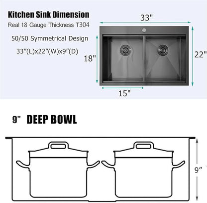 KINGO HOME 33x22 Double Bowl Kitchen Sink 33 Inch Black, Stainless Steel Drop in Double Basin Kitchen Sinks, Topmonut 50/50 Framhouse Sinks Workstation Sink with Accessories