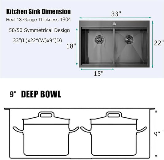 KINGO HOME 33x22 Double Bowl Kitchen Sink 33 Inch Black, Stainless Steel Drop in Double Basin Kitchen Sinks, Topmonut 50/50 Framhouse Sinks Workstation Sink with Accessories