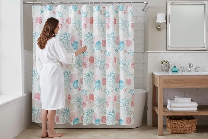 Serafina Home Coastal Fabric Shower Curtain for Bathroom: Coral Blue White Ocean Life Beach Shells Coral Sea Urchins Starfish Scallop Shells, 70" x 72" Inches, with 12 Rollerball Hooks