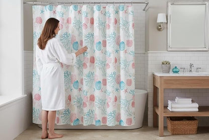 Serafina Home Coastal Fabric Shower Curtain for Bathroom: Coral Blue White Ocean Life Beach Shells Coral Sea Urchins Starfish Scallop Shells, 70" x 72" Inches, with 12 Rollerball Hooks